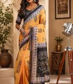 mustard chanderi cotton bagru print printed pre-stitched saree