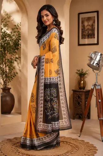 mustard chanderi cotton bagru print printed pre-stitched saree