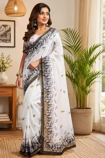 white chanderi cotton contemporary digital print printed ready to wear saree