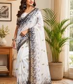 white chanderi cotton contemporary digital print printed ready to wear saree