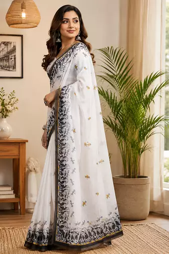 white chanderi cotton contemporary digital print printed ready to wear saree