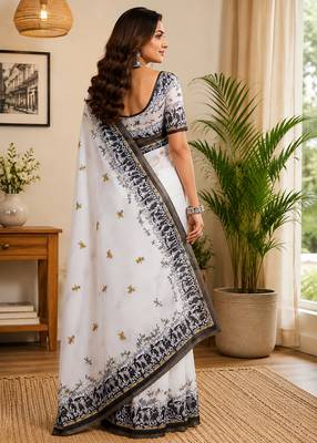 white chanderi cotton contemporary digital print printed ready to wear saree 3