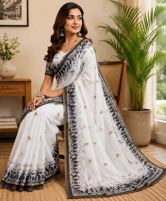 white chanderi cotton contemporary digital print printed ready to wear saree 4