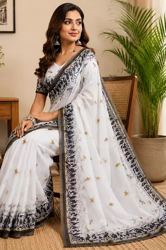 white chanderi cotton contemporary digital print printed ready to wear saree