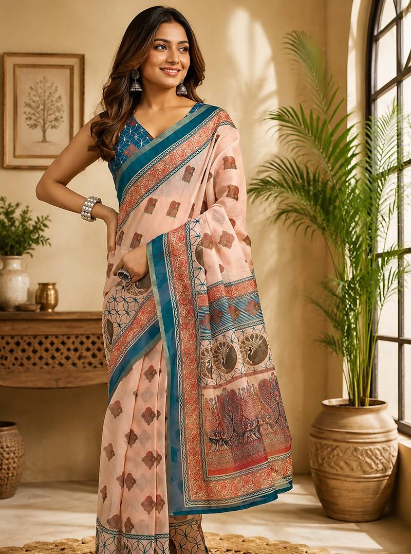 peach chanderi cotton geometric/floral motifs printed pre draped saree
