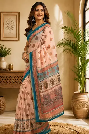 peach chanderi cotton geometric/floral motifs printed pre draped saree