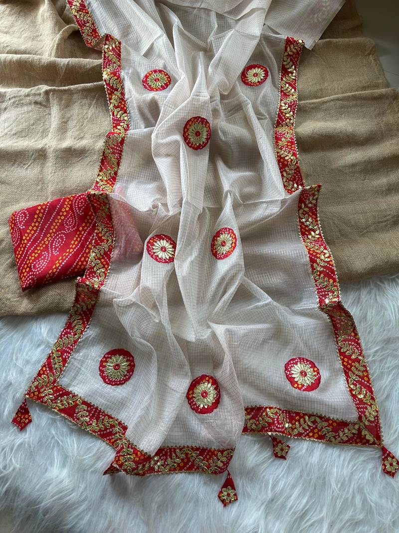 White Color Bandhani patch gota work  Kota doriya Saree