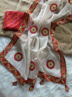 White Color Bandhani patch gota work  Kota doriya Saree 2