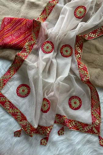 White Color Bandhani patch gota work  Kota doriya Saree
