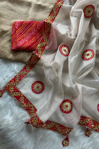 White Color Bandhani patch gota work  Kota doriya Saree
