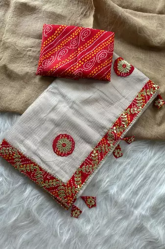 White Color Bandhani patch gota work  Kota doriya Saree