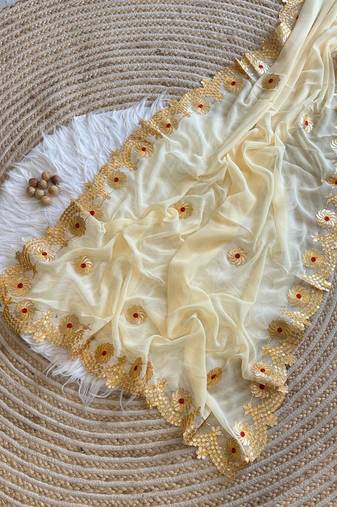 Cream Color  Gota Patti  Work  Georgette Silk Saree
