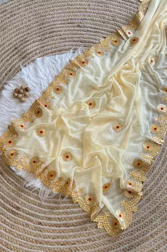 Cream Color  Gota Patti  Work  Georgette Silk Saree