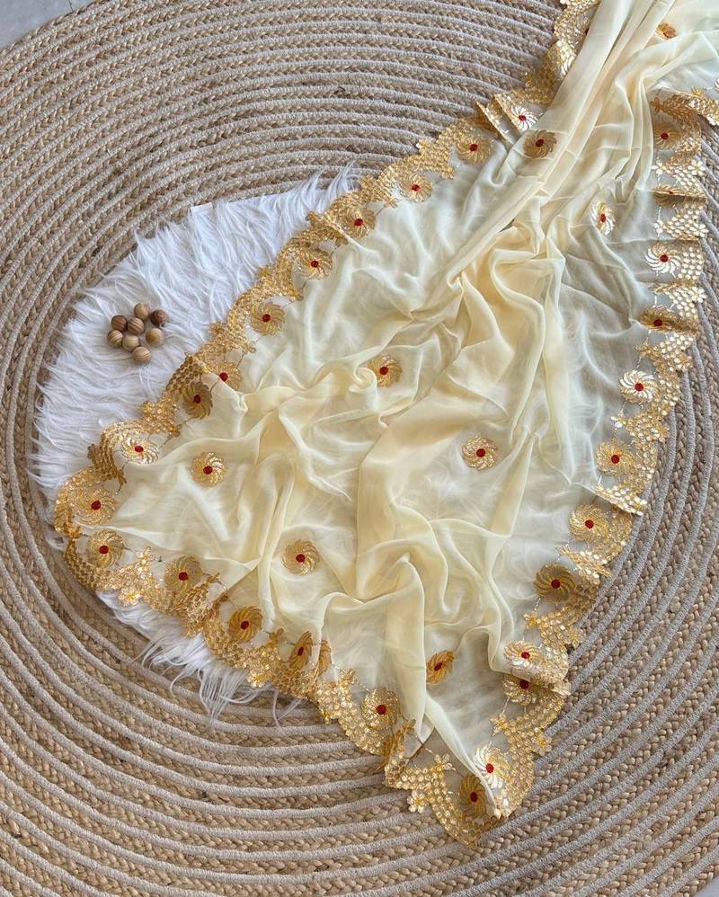 Cream Color  Gota Patti  Work  Georgette Silk Saree