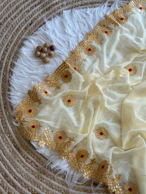 Cream Color  Gota Patti  Work  Georgette Silk Saree 2