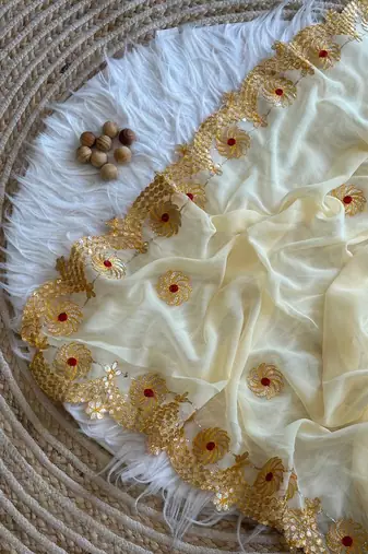 Cream Color  Gota Patti  Work  Georgette Silk Saree