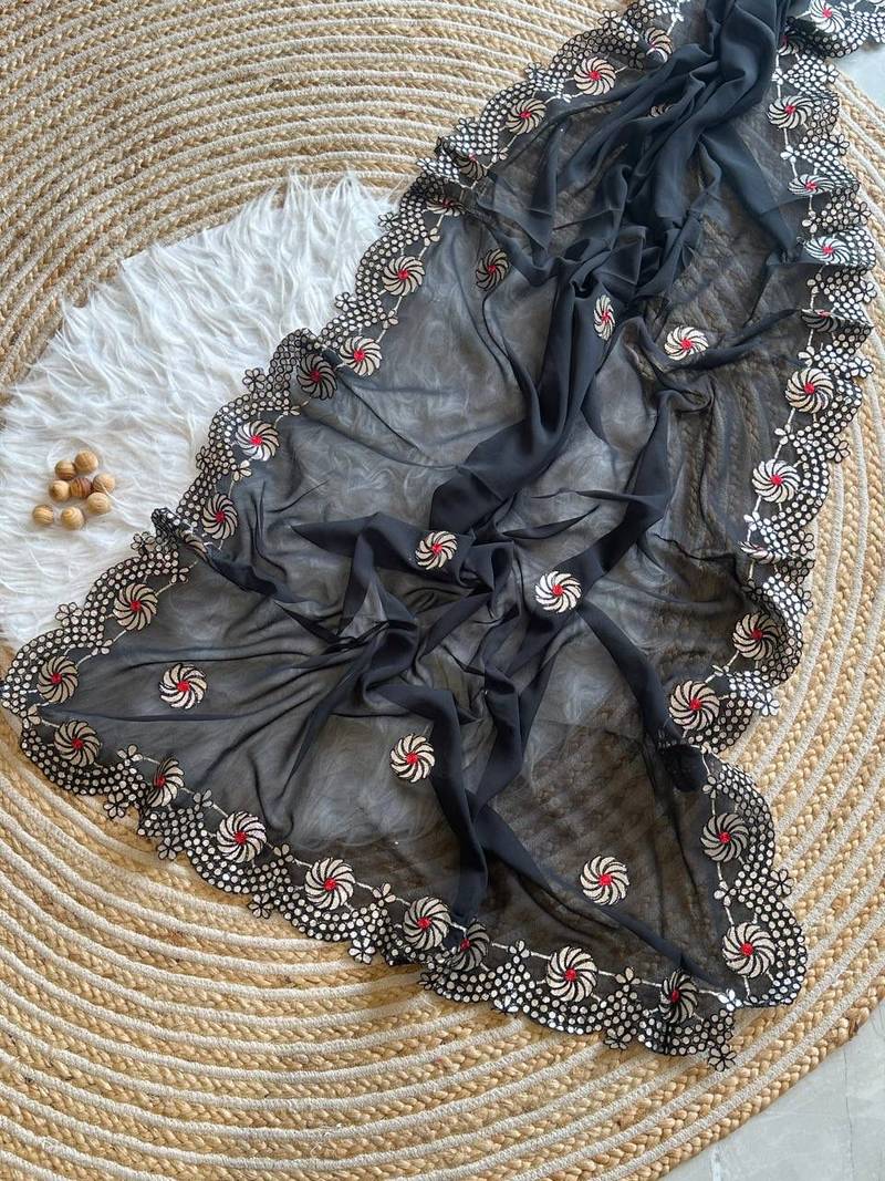 Black Color  Gota Patti  Work  Georgette Silk Saree