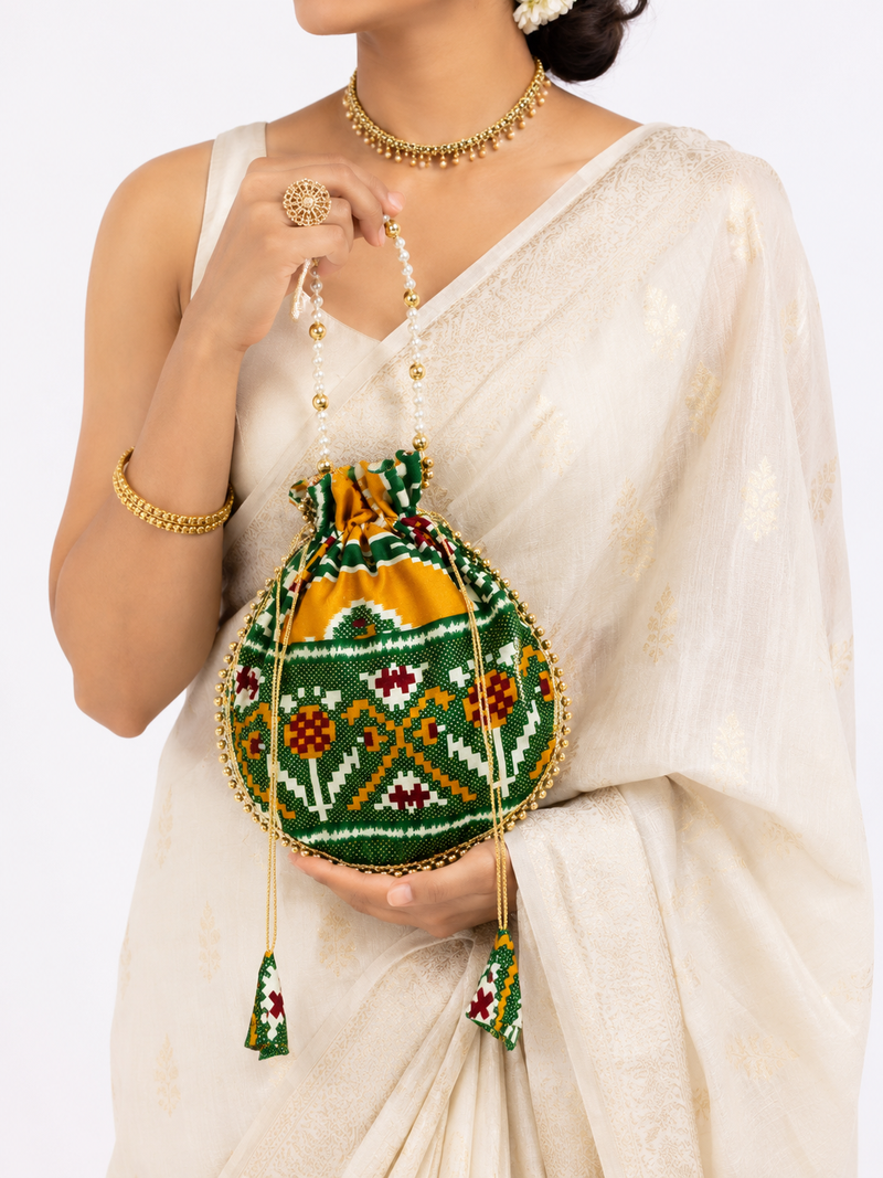 Multicolor pearl handle traditional patola with foil prints batwa