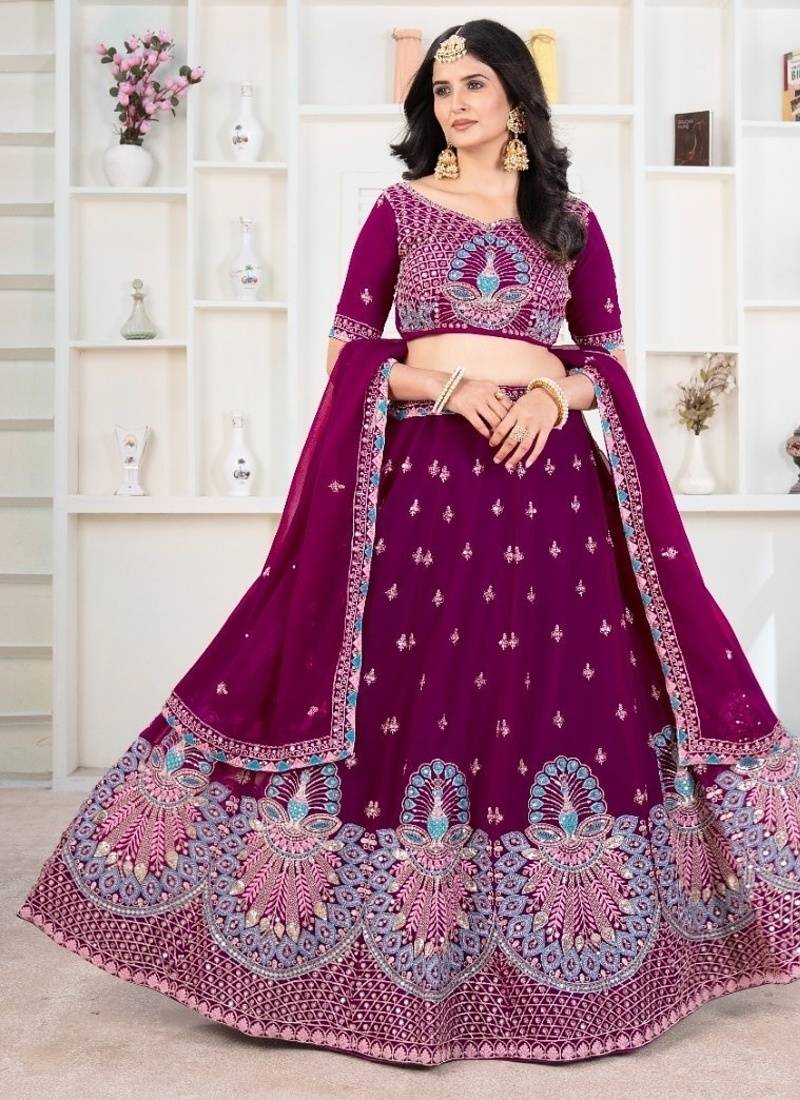 Elegant Faux Georgette Sequins Embroidered Semi-Stitched Lehenga Choli with Dupatta
