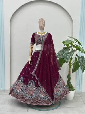 Elegant Faux Georgette Sequins Embroidered Semi-Stitched Lehenga Choli with Dupatta 4