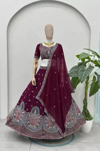 Elegant Faux Georgette Sequins Embroidered Semi-Stitched Lehenga Choli with Dupatta