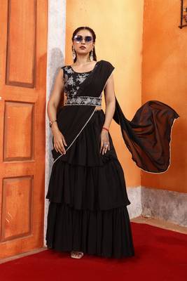 new collection ready made georgette ruffle style lehenga saree with stitched embroidery blouse & belt 1