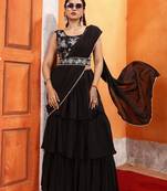 new collection ready made georgette ruffle style lehenga saree with stitched embroidery blouse & belt