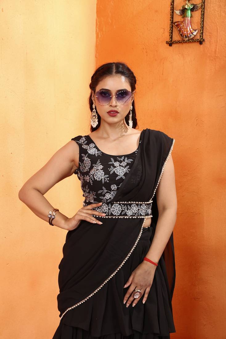 new collection ready made georgette ruffle style lehenga saree with stitched embroidery blouse & belt