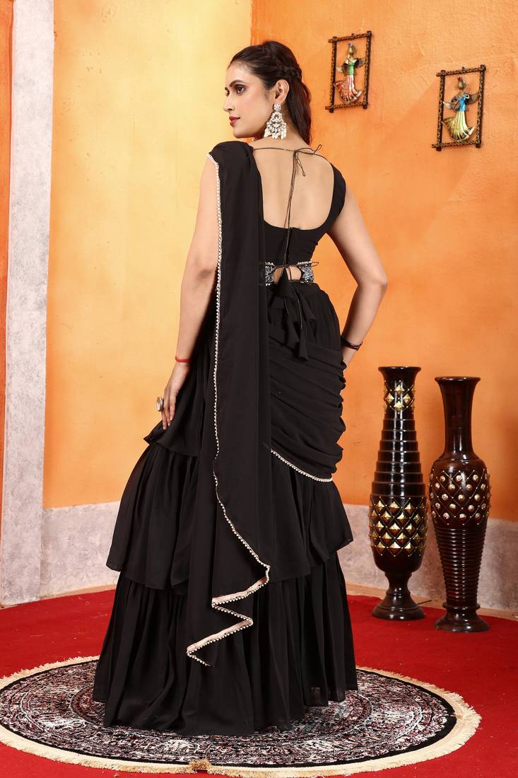new collection ready made georgette ruffle style lehenga saree with stitched embroidery blouse & belt