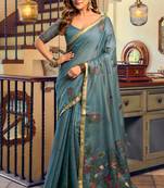 Teal blue kolkata cotton litchi work zari border with tassels saree with blouse