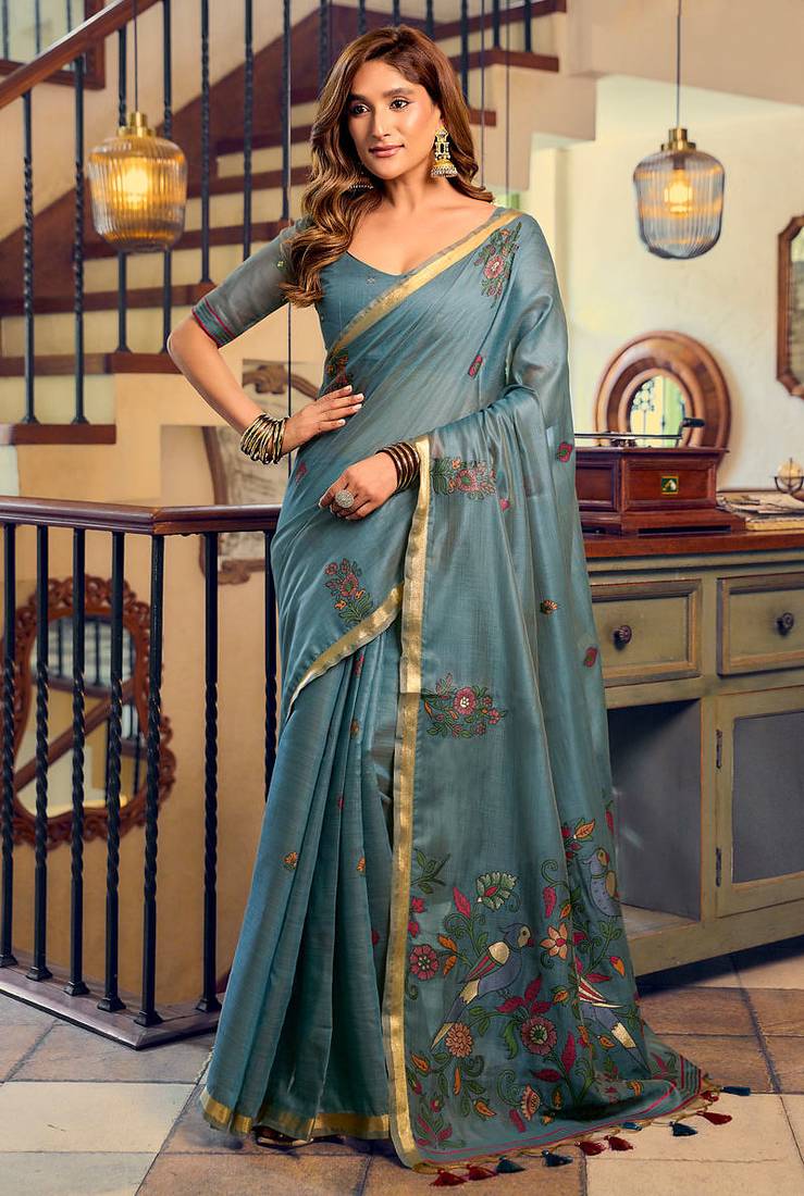 Teal blue kolkata cotton litchi work zari border with tassels saree with blouse