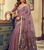 Mauve kolkata cotton litchi work zari border with tassels saree with blouse