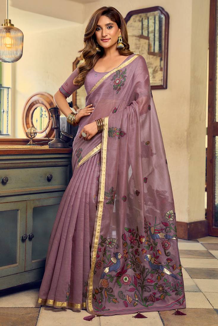 Mauve kolkata cotton litchi work zari border with tassels saree with blouse