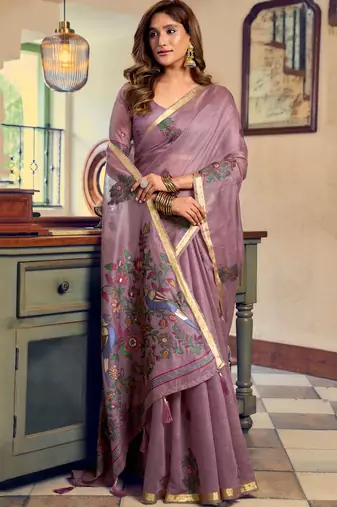 Mauve kolkata cotton litchi work zari border with tassels saree with blouse