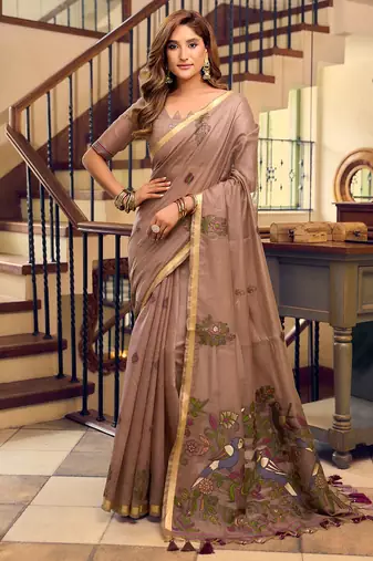 Brown kolkata cotton litchi work zari border with tassels saree with blouse