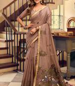 Brown kolkata cotton litchi work zari border with tassels saree with blouse