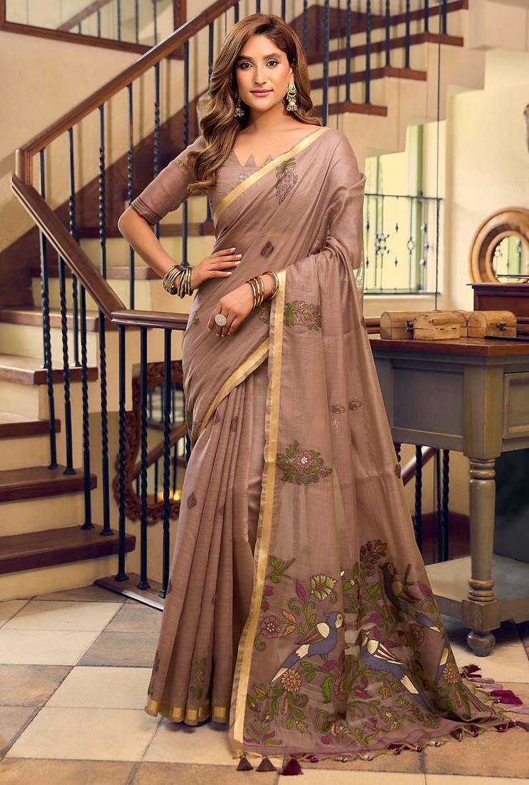 Brown kolkata cotton litchi work zari border with tassels saree with blouse