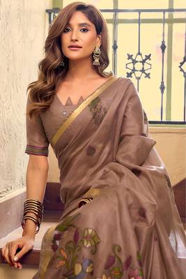 Brown kolkata cotton litchi work zari border with tassels saree with blouse 2