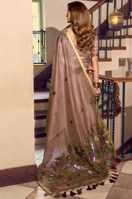 Brown kolkata cotton litchi work zari border with tassels saree with blouse 3