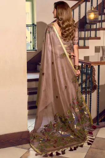 Brown kolkata cotton litchi work zari border with tassels saree with blouse