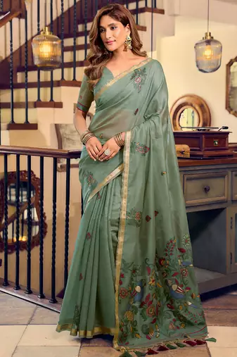 Sea green kolkata cotton litchi work zari border with tassels saree with blouse
