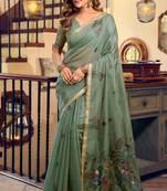 Sea green kolkata cotton litchi work zari border with tassels saree with blouse