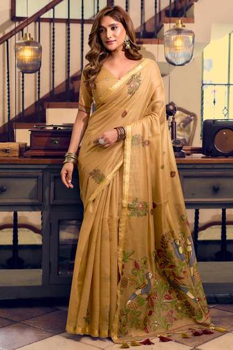 Fawn kolkata cotton litchi work zari border with tassels saree with blouse