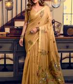 Fawn kolkata cotton litchi work zari border with tassels saree with blouse