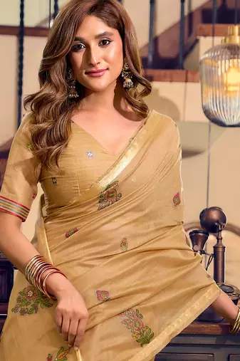 Fawn kolkata cotton litchi work zari border with tassels saree with blouse