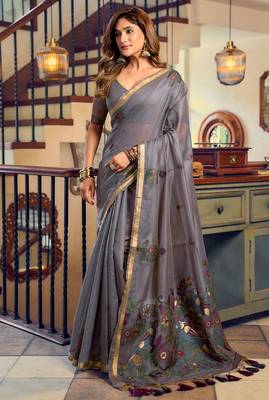 Grey kolkata cotton litchi work zari border with tassels saree with blouse 1