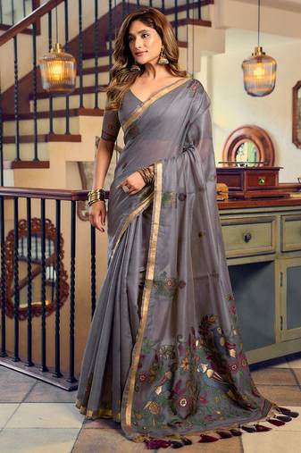 Grey kolkata cotton litchi work zari border with tassels saree with blouse