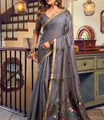 Grey kolkata cotton litchi work zari border with tassels saree with blouse