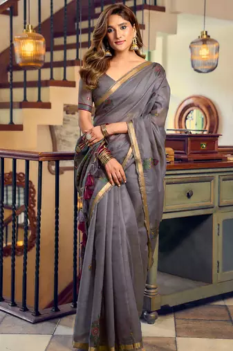 Grey kolkata cotton litchi work zari border with tassels saree with blouse