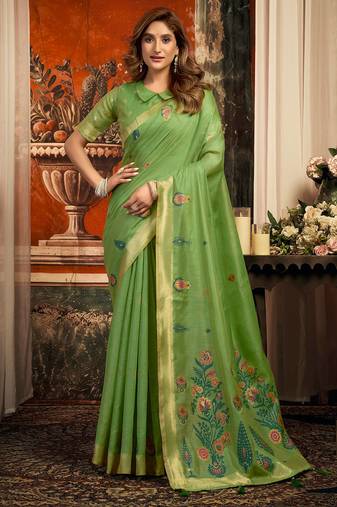 Parrot green cotton zari border with tassels saree with blouse